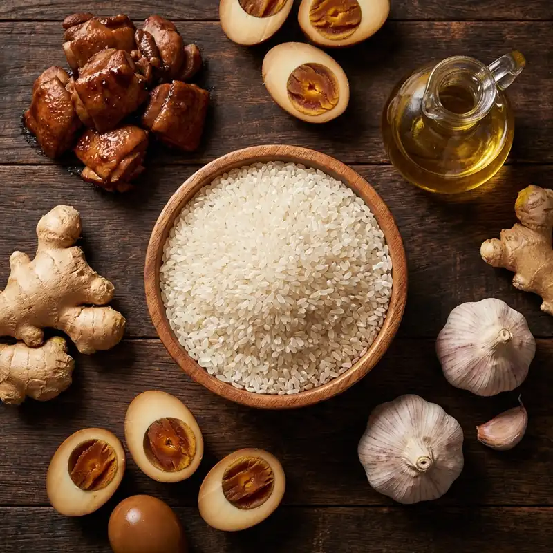 Fresh Ingredients: Akita Rice, Soya Sauce Chicken, Braised Egg, Ginger, Garlic